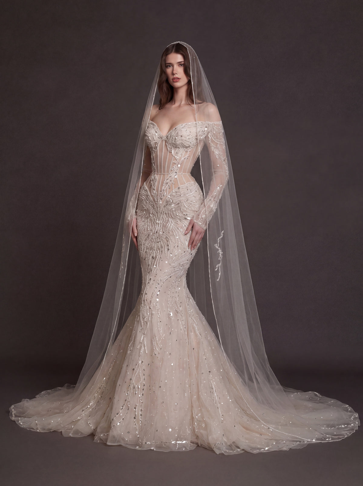 Nude Illusion Corset Mermaid Wedding Dress – Off-Shoulder Crystal Embroidered Bridal Gown with Sheer Long Sleeves and Cathedral Veil