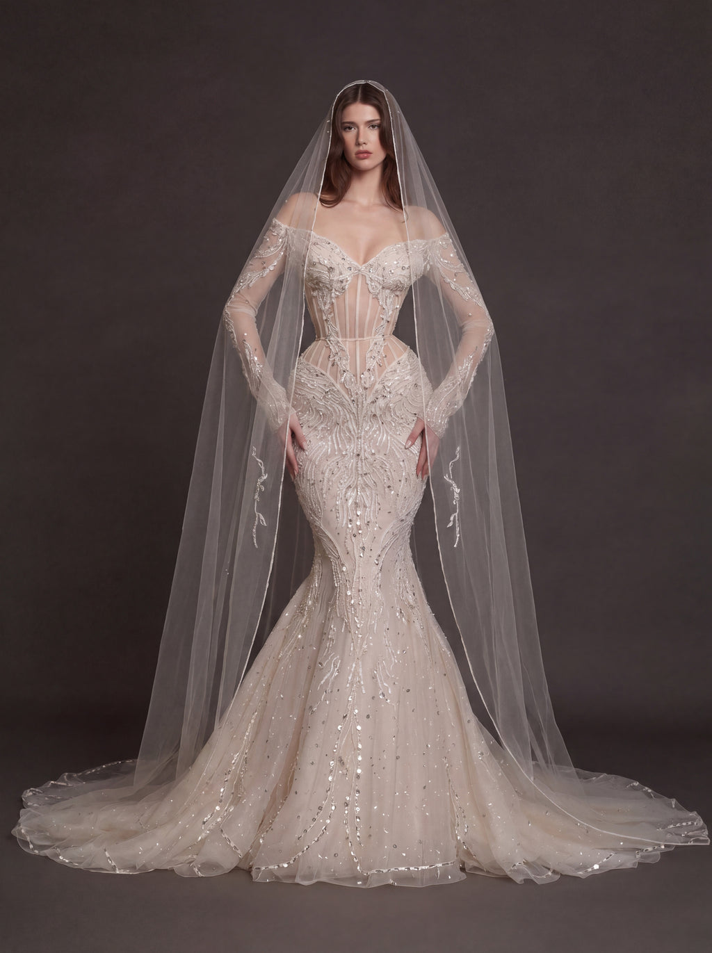 Nude Illusion Corset Mermaid Wedding Dress – Off-Shoulder Crystal Embroidered Bridal Gown with Sheer Long Sleeves and Cathedral Veil
