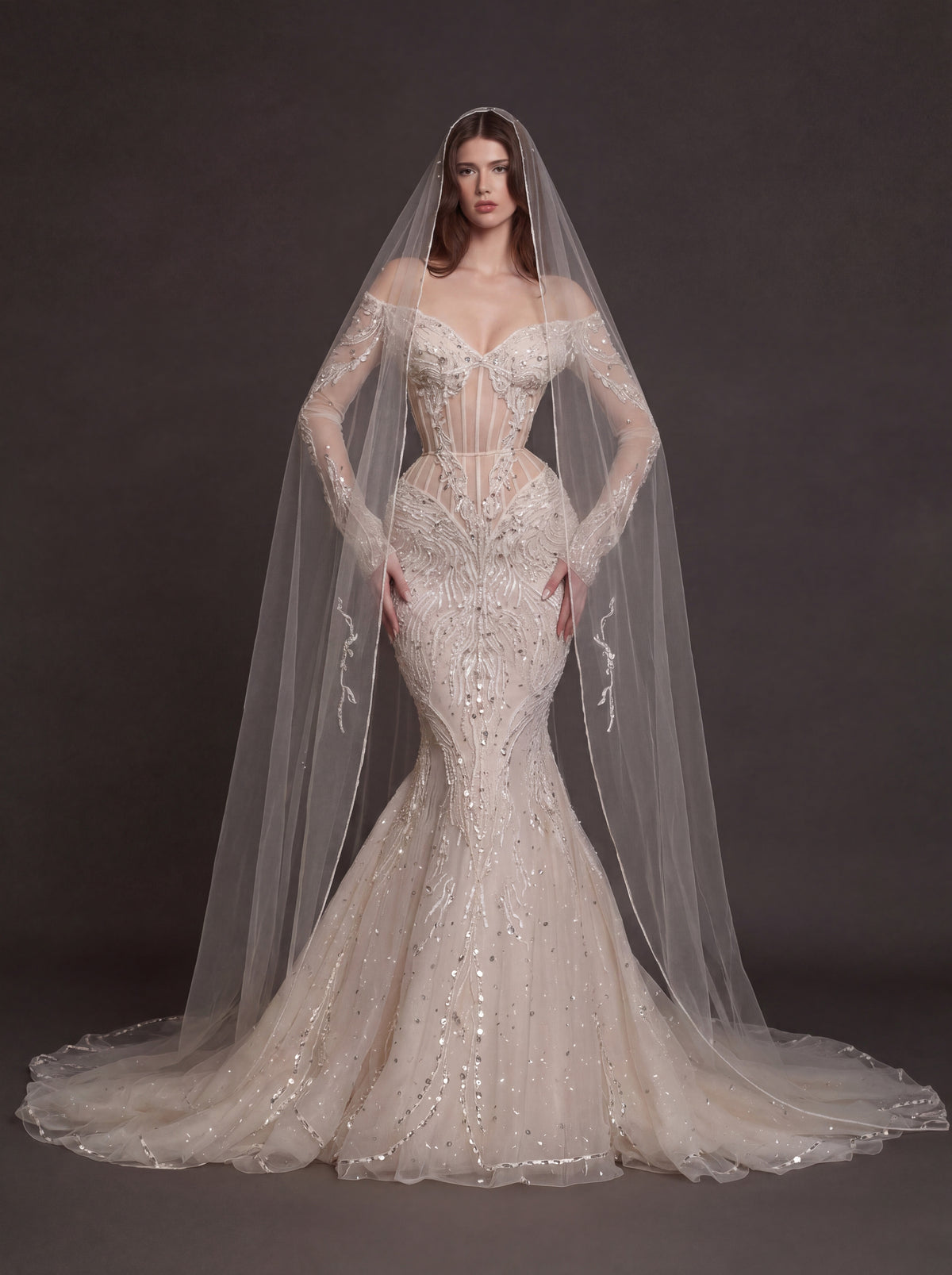 Nude Illusion Corset Mermaid Wedding Dress – Off-Shoulder Crystal Embroidered Bridal Gown with Sheer Long Sleeves and Cathedral Veil