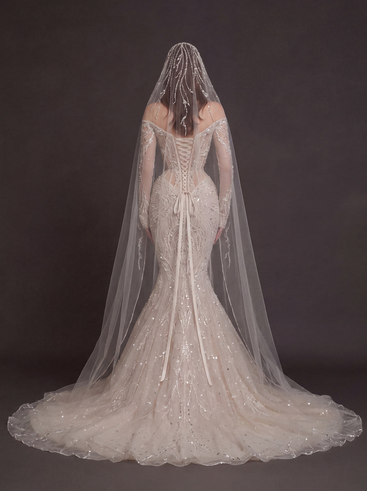 Nude Illusion Corset Mermaid Wedding Dress – Off-Shoulder Crystal Embroidered Bridal Gown with Sheer Long Sleeves and Cathedral Veil