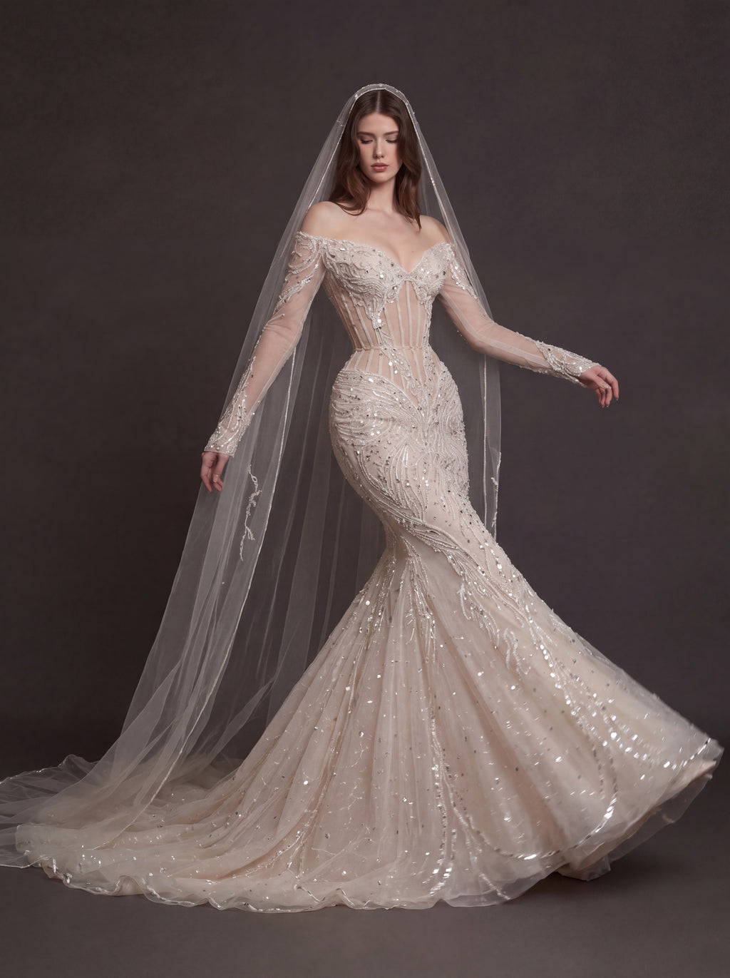 Nude Illusion Corset Mermaid Wedding Dress – Off-Shoulder Crystal Embroidered Bridal Gown with Sheer Long Sleeves and Cathedral Veil