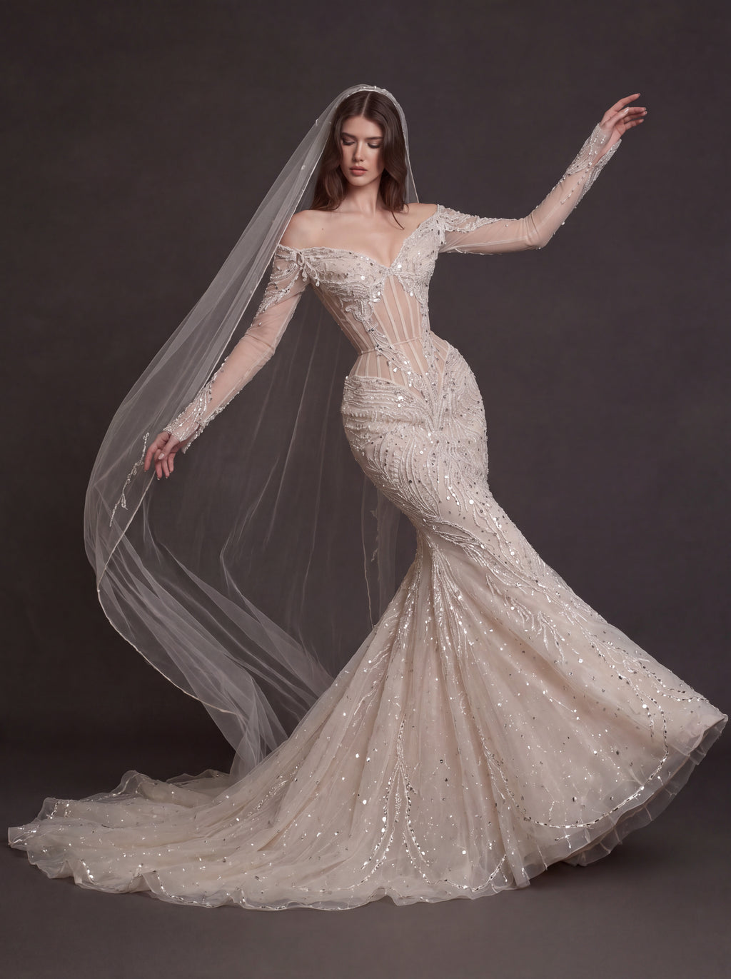 Nude Illusion Corset Mermaid Wedding Dress – Off-Shoulder Crystal Embroidered Bridal Gown with Sheer Long Sleeves and Cathedral Veil