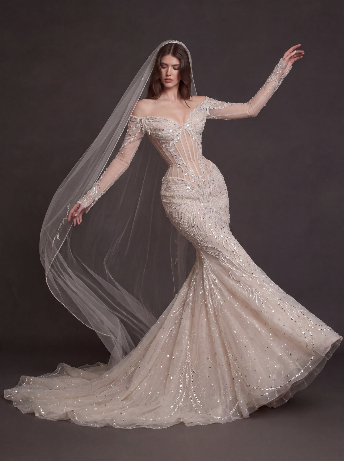 Nude Illusion Corset Mermaid Wedding Dress – Off-Shoulder Crystal Embroidered Bridal Gown with Sheer Long Sleeves and Cathedral Veil
