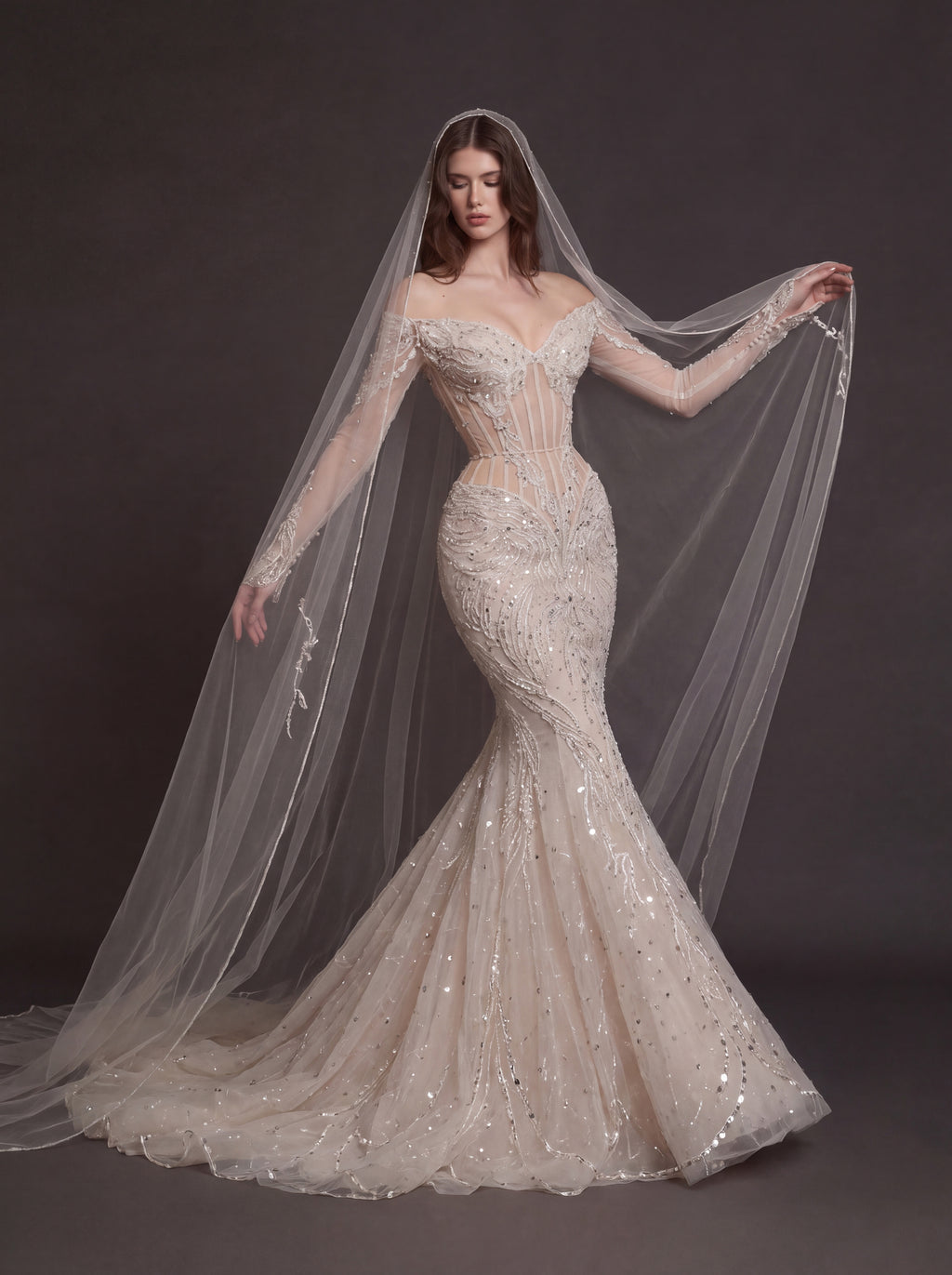 Nude Illusion Corset Mermaid Wedding Dress – Off-Shoulder Crystal Embroidered Bridal Gown with Sheer Long Sleeves and Cathedral Veil