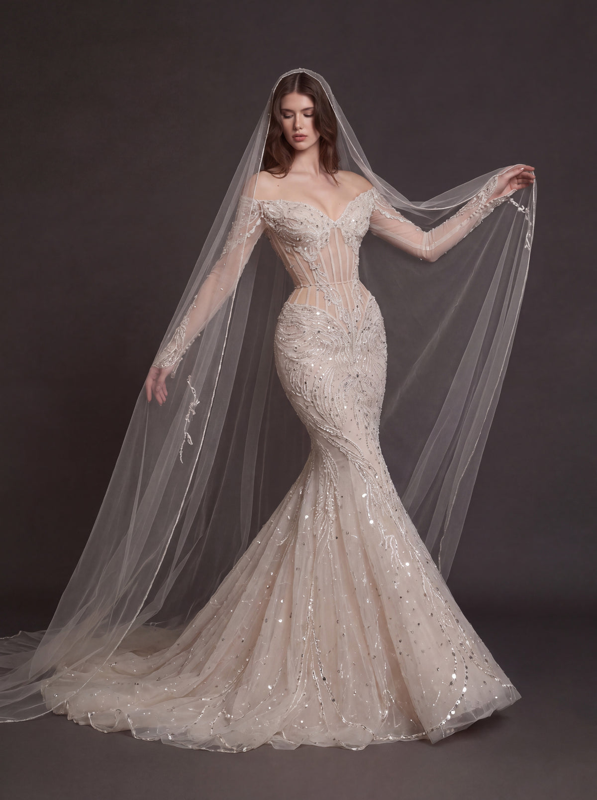 Nude Illusion Corset Mermaid Wedding Dress – Off-Shoulder Crystal Embroidered Bridal Gown with Sheer Long Sleeves and Cathedral Veil