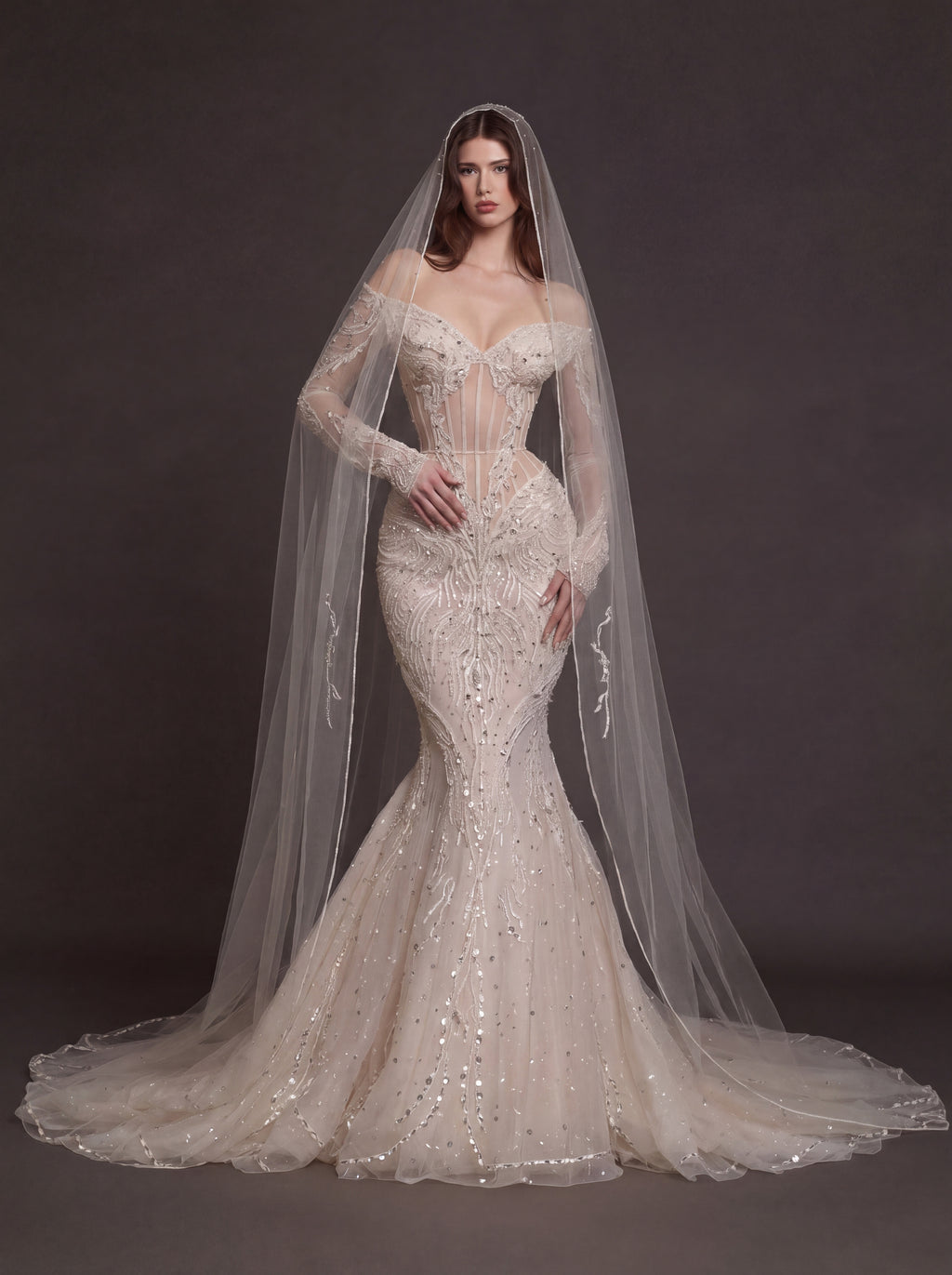 Nude Illusion Corset Mermaid Wedding Dress – Off-Shoulder Crystal Embroidered Bridal Gown with Sheer Long Sleeves and Cathedral Veil