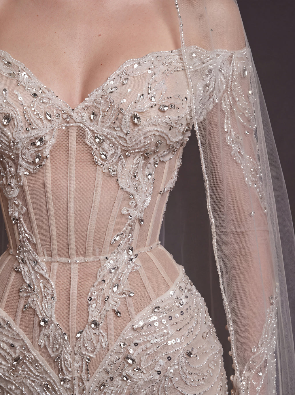 Nude Illusion Corset Mermaid Wedding Dress – Off-Shoulder Crystal Embroidered Bridal Gown with Sheer Long Sleeves and Cathedral Veil