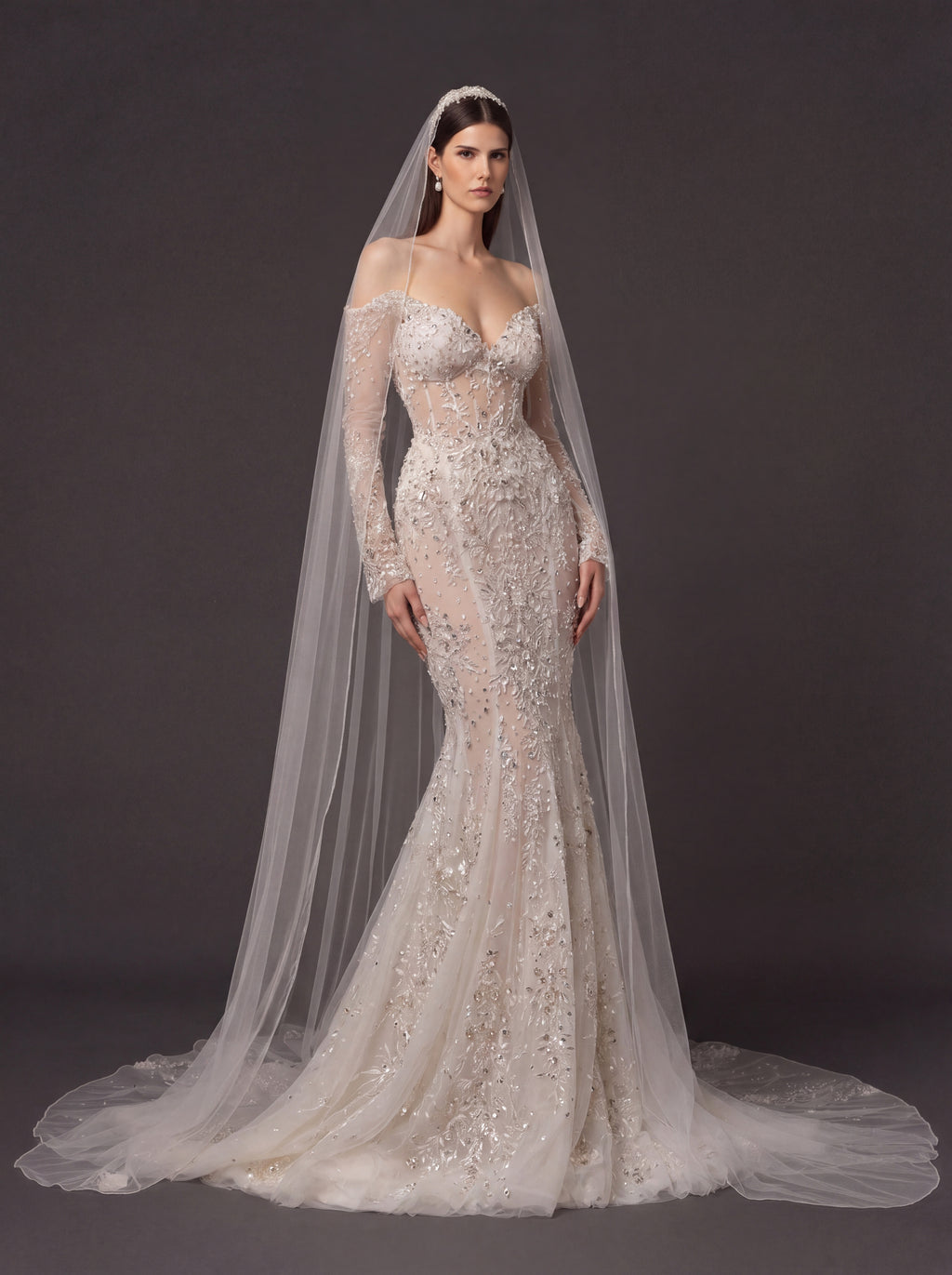 Ivory Floral Crystal Embroidered Mermaid Wedding Dress – Off-Shoulder Illusion Corset Bridal Gown with 3D Flowers and Cathedral Veil