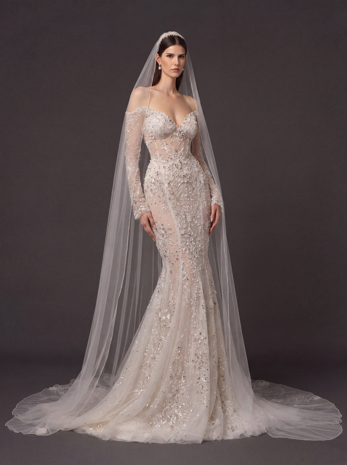 Ivory Floral Crystal Embroidered Mermaid Wedding Dress – Off-Shoulder Illusion Corset Bridal Gown with 3D Flowers and Cathedral Veil