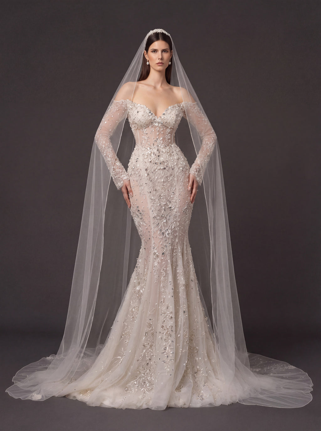 Ivory Floral Crystal Embroidered Mermaid Wedding Dress – Off-Shoulder Illusion Corset Bridal Gown with 3D Flowers and Cathedral Veil