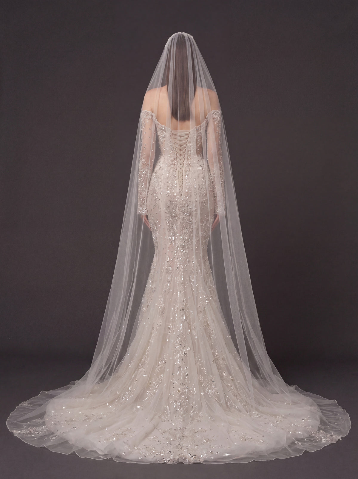Ivory Floral Crystal Embroidered Mermaid Wedding Dress – Off-Shoulder Illusion Corset Bridal Gown with 3D Flowers and Cathedral Veil