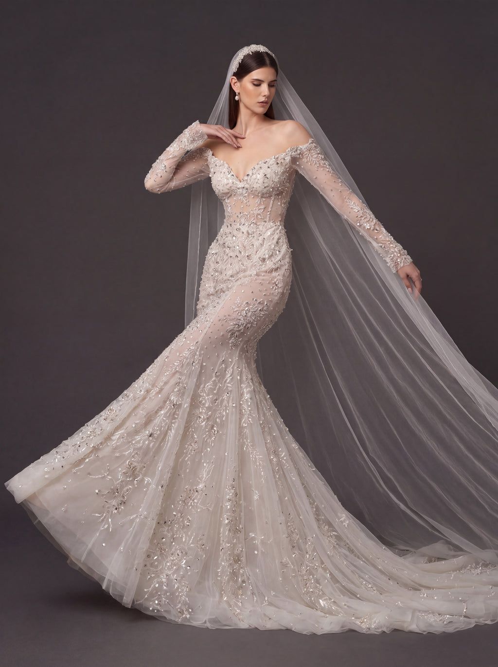 Ivory Floral Crystal Embroidered Mermaid Wedding Dress – Off-Shoulder Illusion Corset Bridal Gown with 3D Flowers and Cathedral Veil