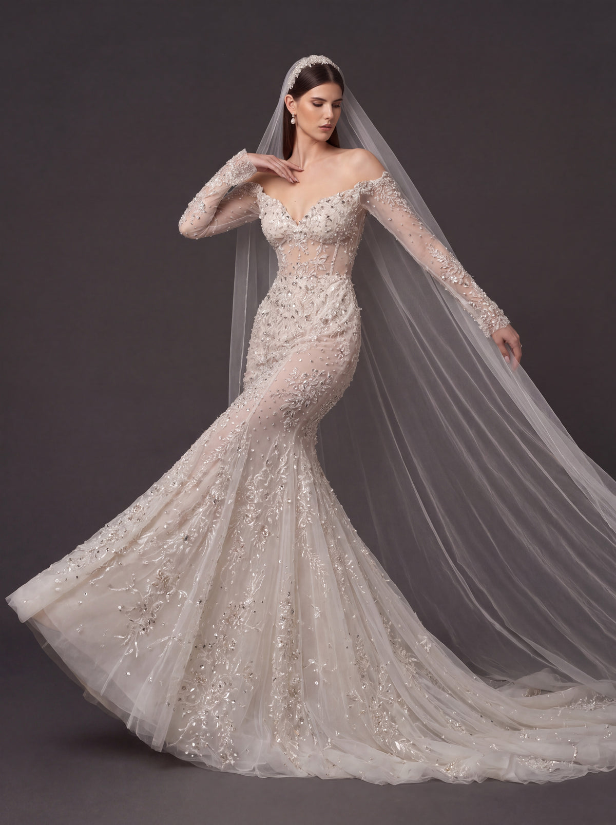 Ivory Floral Crystal Embroidered Mermaid Wedding Dress – Off-Shoulder Illusion Corset Bridal Gown with 3D Flowers and Cathedral Veil