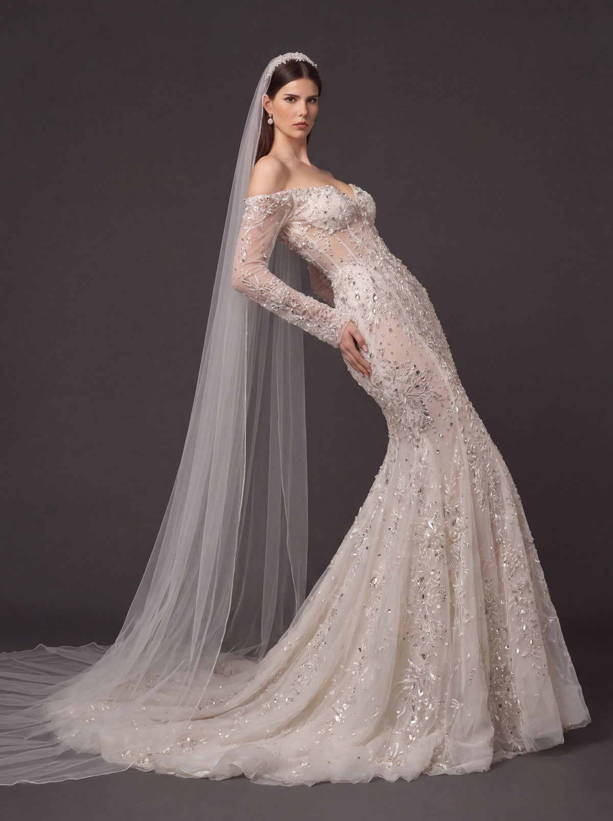 Ivory Floral Crystal Embroidered Mermaid Wedding Dress – Off-Shoulder Illusion Corset Bridal Gown with 3D Flowers and Cathedral Veil