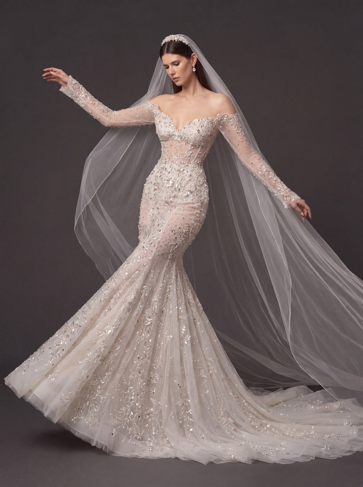 Ivory Floral Crystal Embroidered Mermaid Wedding Dress – Off-Shoulder Illusion Corset Bridal Gown with 3D Flowers and Cathedral Veil