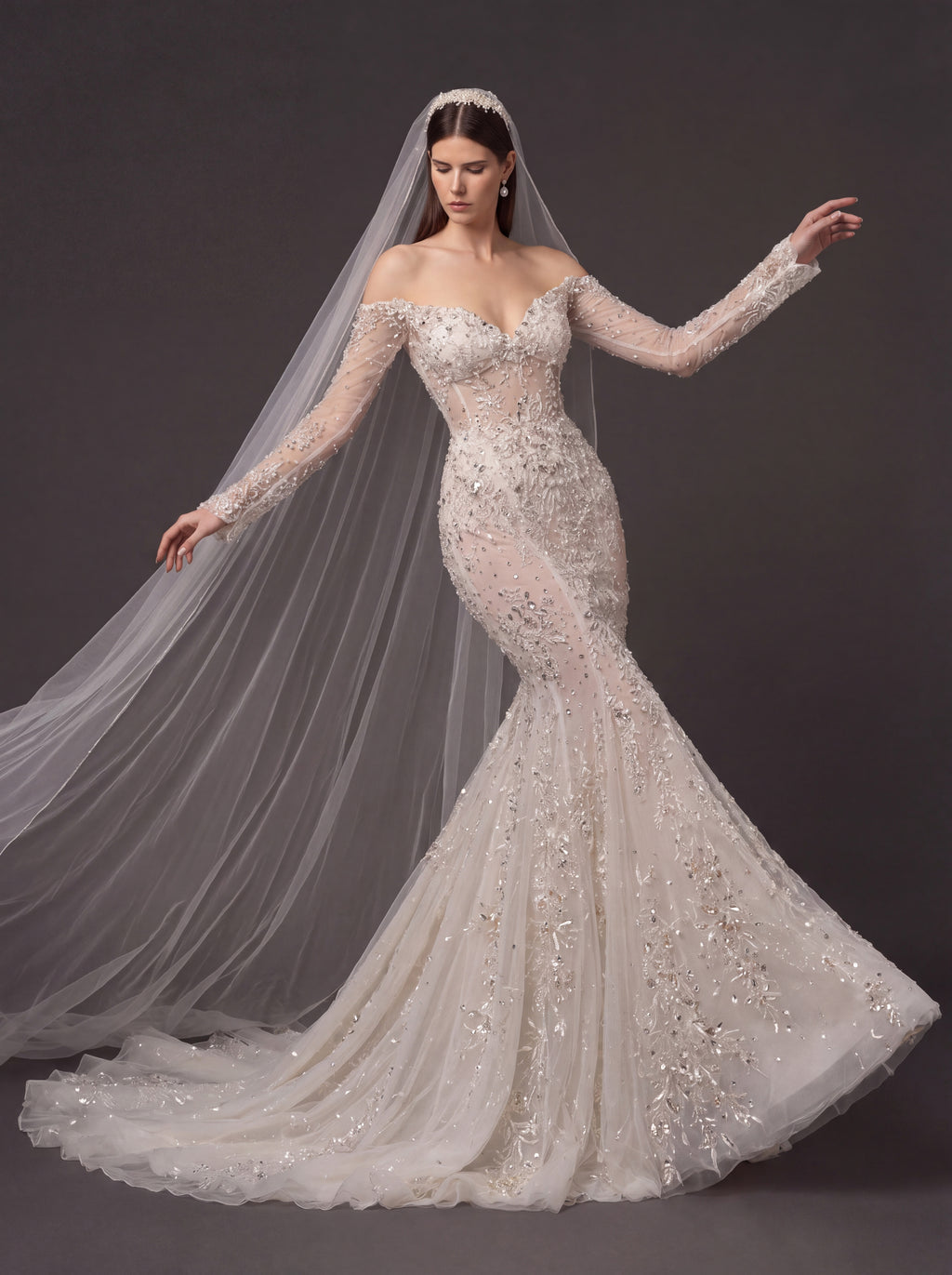 Ivory Floral Crystal Embroidered Mermaid Wedding Dress – Off-Shoulder Illusion Corset Bridal Gown with 3D Flowers and Cathedral Veil