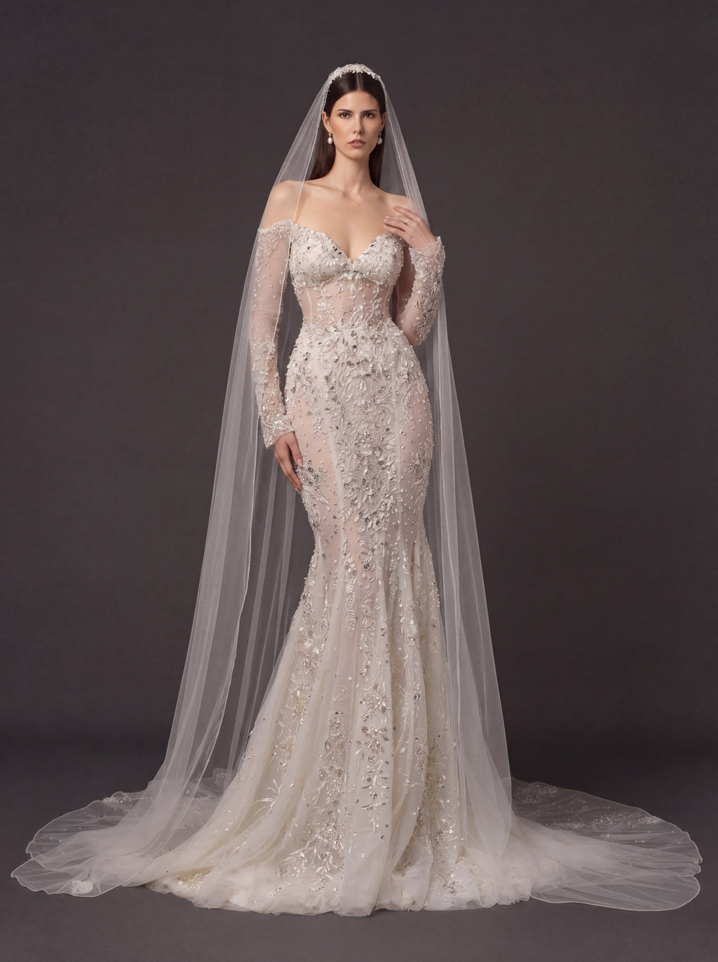 Ivory Floral Crystal Embroidered Mermaid Wedding Dress – Off-Shoulder Illusion Corset Bridal Gown with 3D Flowers and Cathedral Veil
