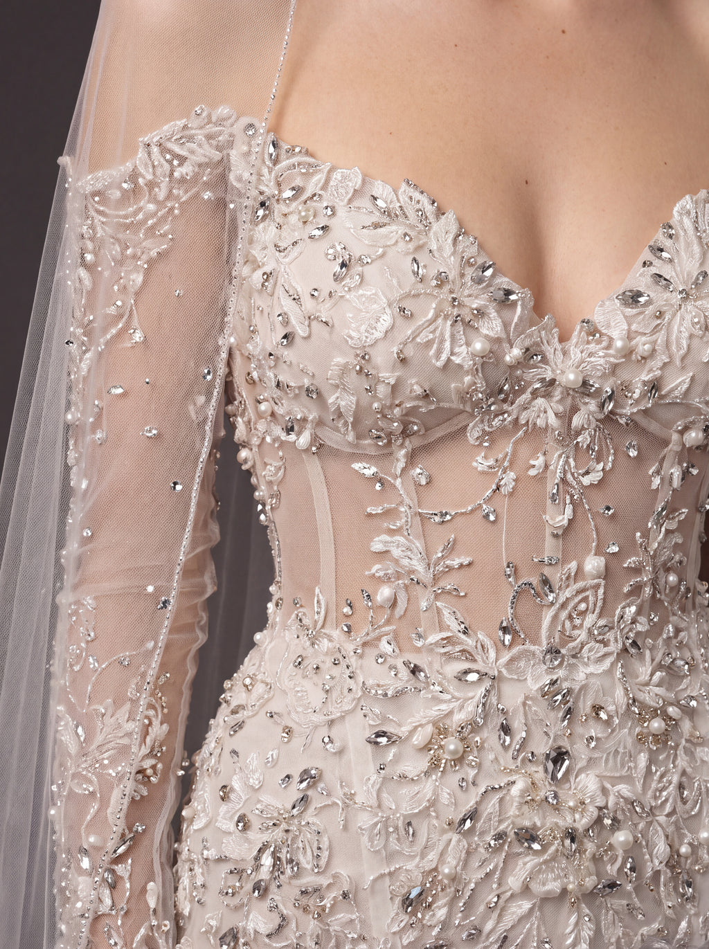 Ivory Floral Crystal Embroidered Mermaid Wedding Dress – Off-Shoulder Illusion Corset Bridal Gown with 3D Flowers and Cathedral Veil