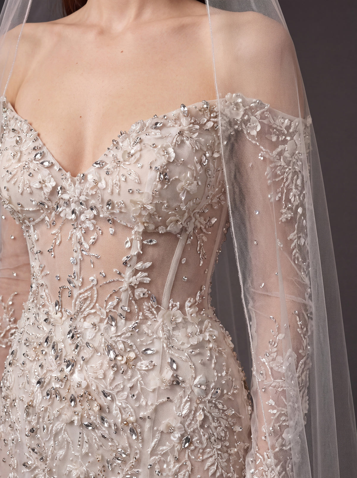 Ivory Floral Crystal Embroidered Mermaid Wedding Dress – Off-Shoulder Illusion Corset Bridal Gown with 3D Flowers and Cathedral Veil