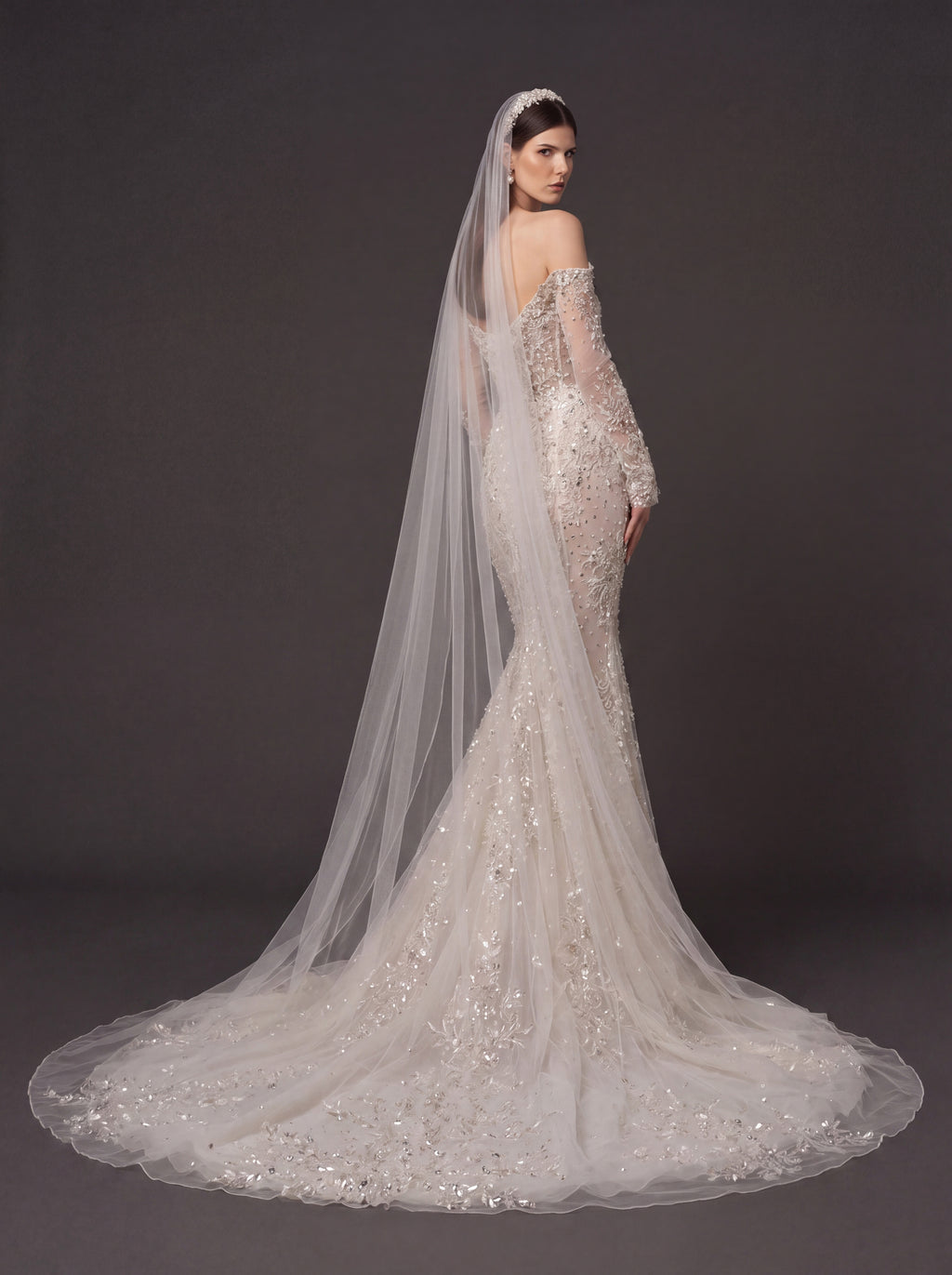 Ivory Floral Crystal Embroidered Mermaid Wedding Dress – Off-Shoulder Illusion Corset Bridal Gown with 3D Flowers and Cathedral Veil
