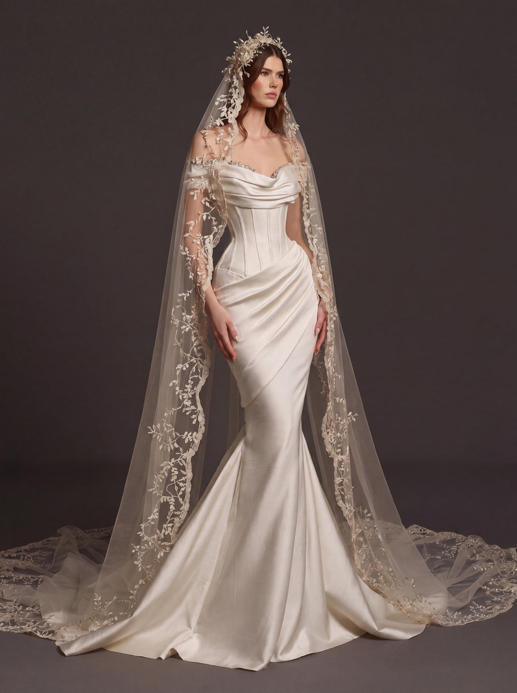 Champagne Satin Draped Corset Mermaid Wedding Dress – Off-Shoulder Bridal Gown with Lace-Up Back and Floral Cathedral Veil