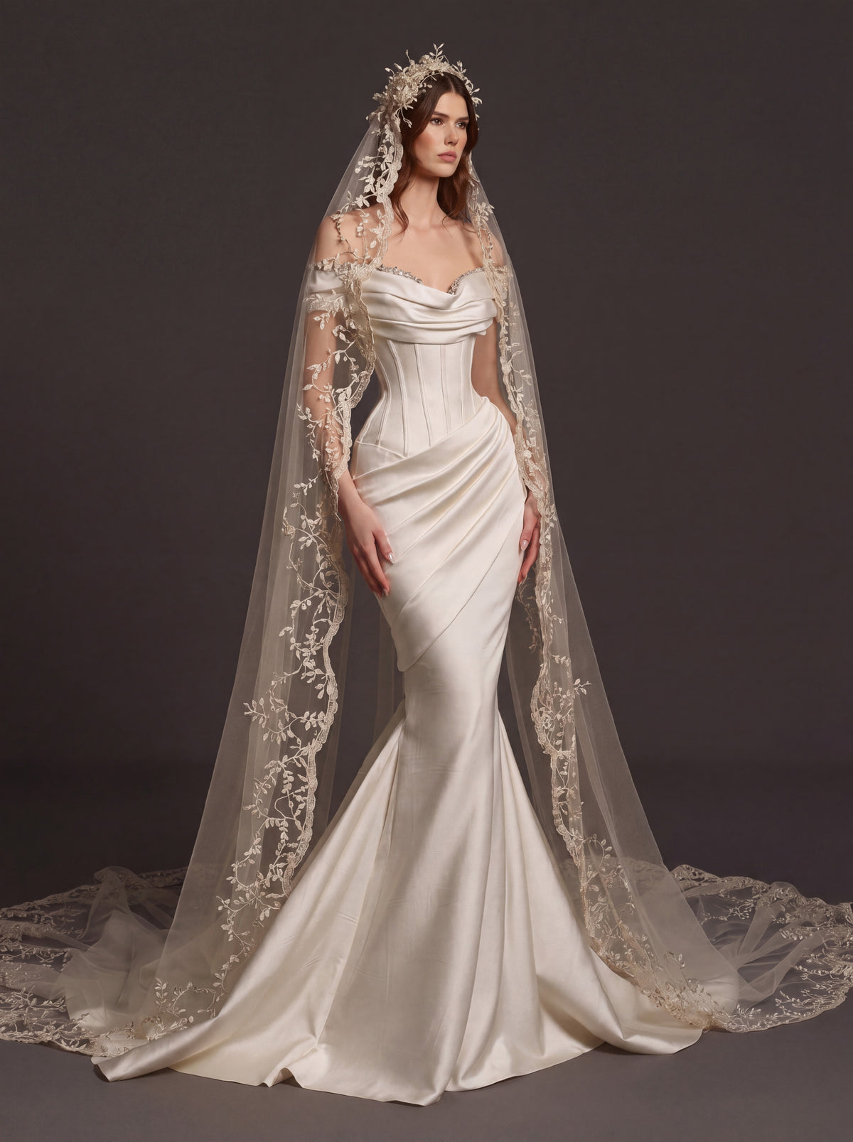 Champagne Satin Draped Corset Mermaid Wedding Dress – Off-Shoulder Bridal Gown with Lace-Up Back and Floral Cathedral Veil