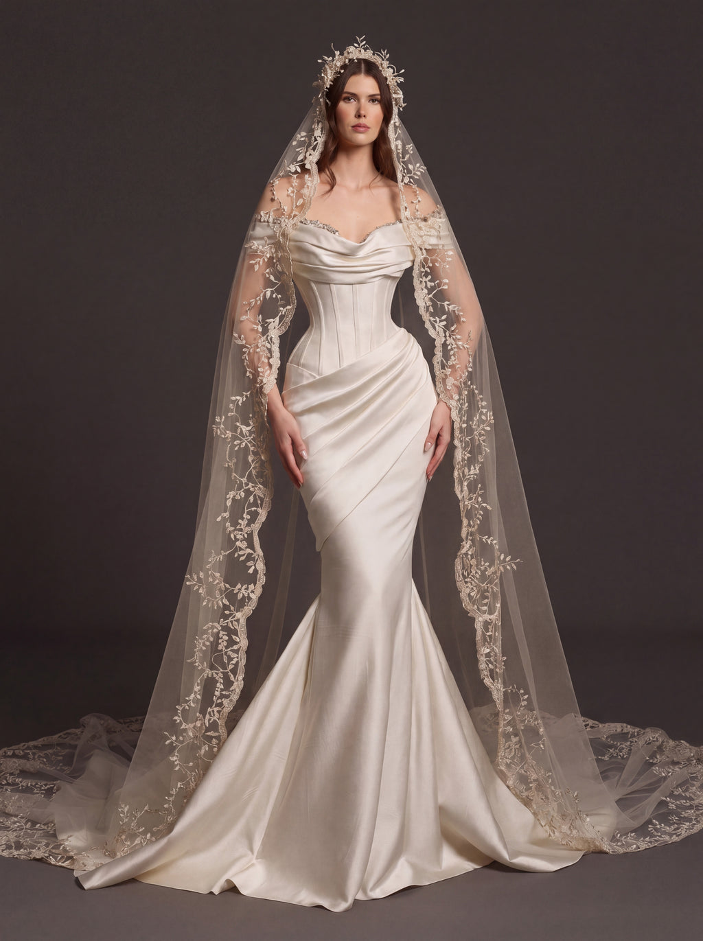 Champagne Satin Draped Corset Mermaid Wedding Dress – Off-Shoulder Bridal Gown with Lace-Up Back and Floral Cathedral Veil