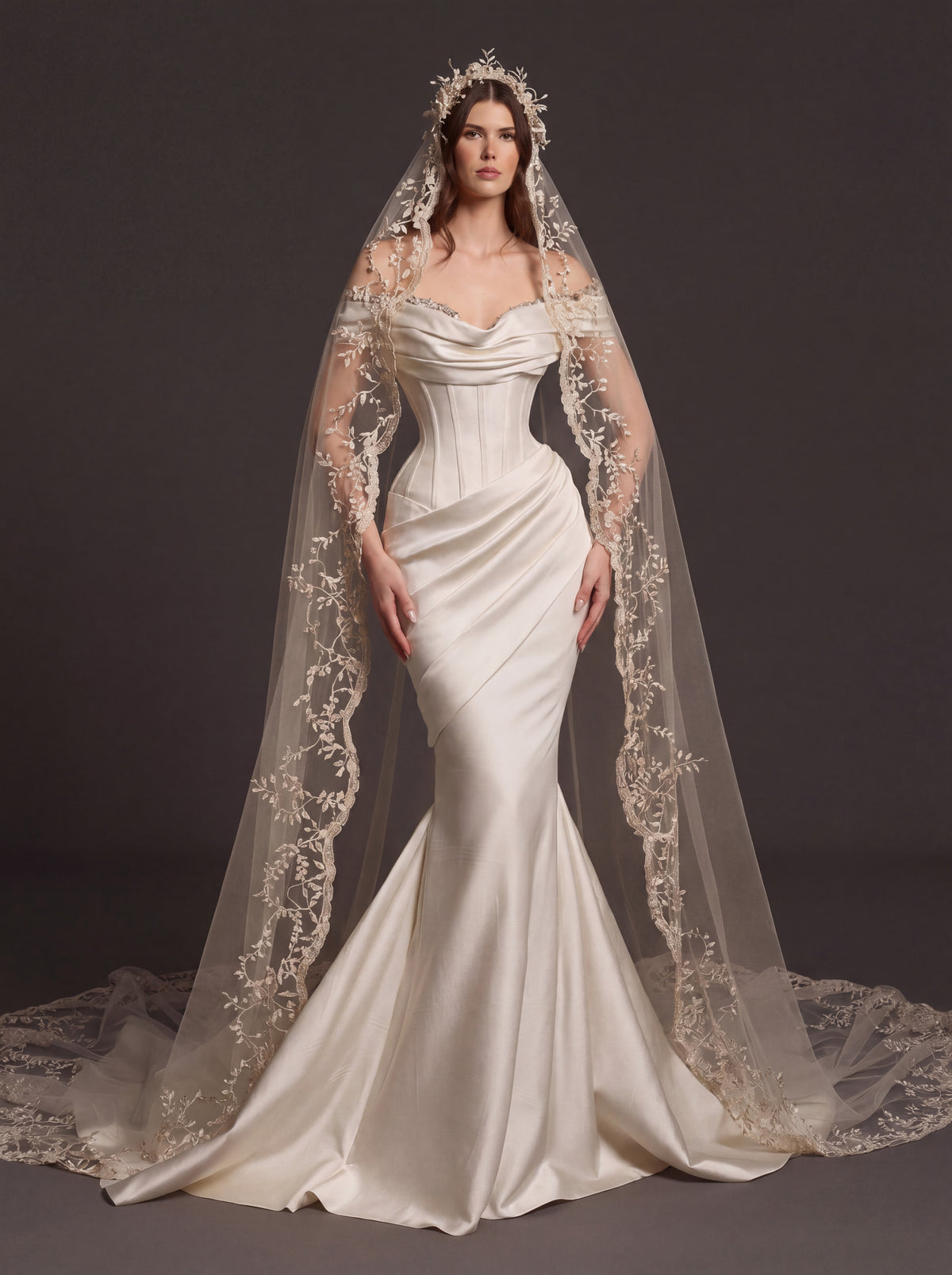 Champagne Satin Draped Corset Mermaid Wedding Dress – Off-Shoulder Bridal Gown with Lace-Up Back and Floral Cathedral Veil