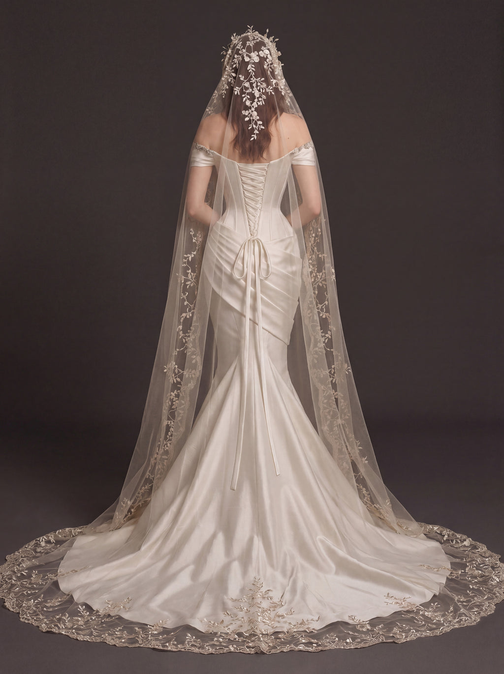 Champagne Satin Draped Corset Mermaid Wedding Dress – Off-Shoulder Bridal Gown with Lace-Up Back and Floral Cathedral Veil
