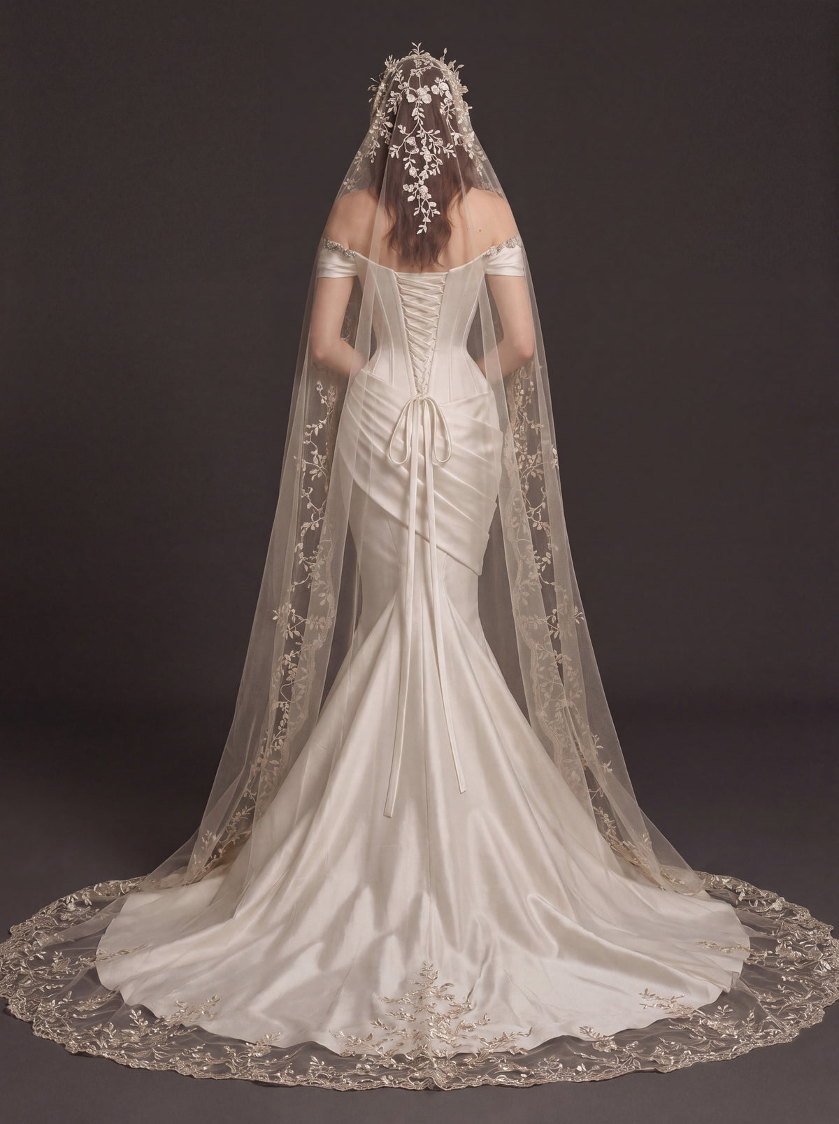 Champagne Satin Draped Corset Mermaid Wedding Dress – Off-Shoulder Bridal Gown with Lace-Up Back and Floral Cathedral Veil