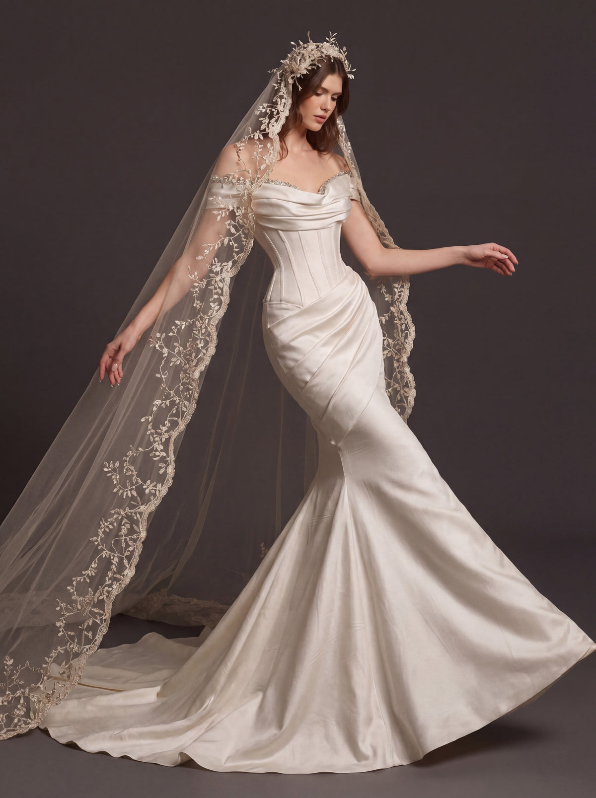 Champagne Satin Draped Corset Mermaid Wedding Dress – Off-Shoulder Bridal Gown with Lace-Up Back and Floral Cathedral Veil