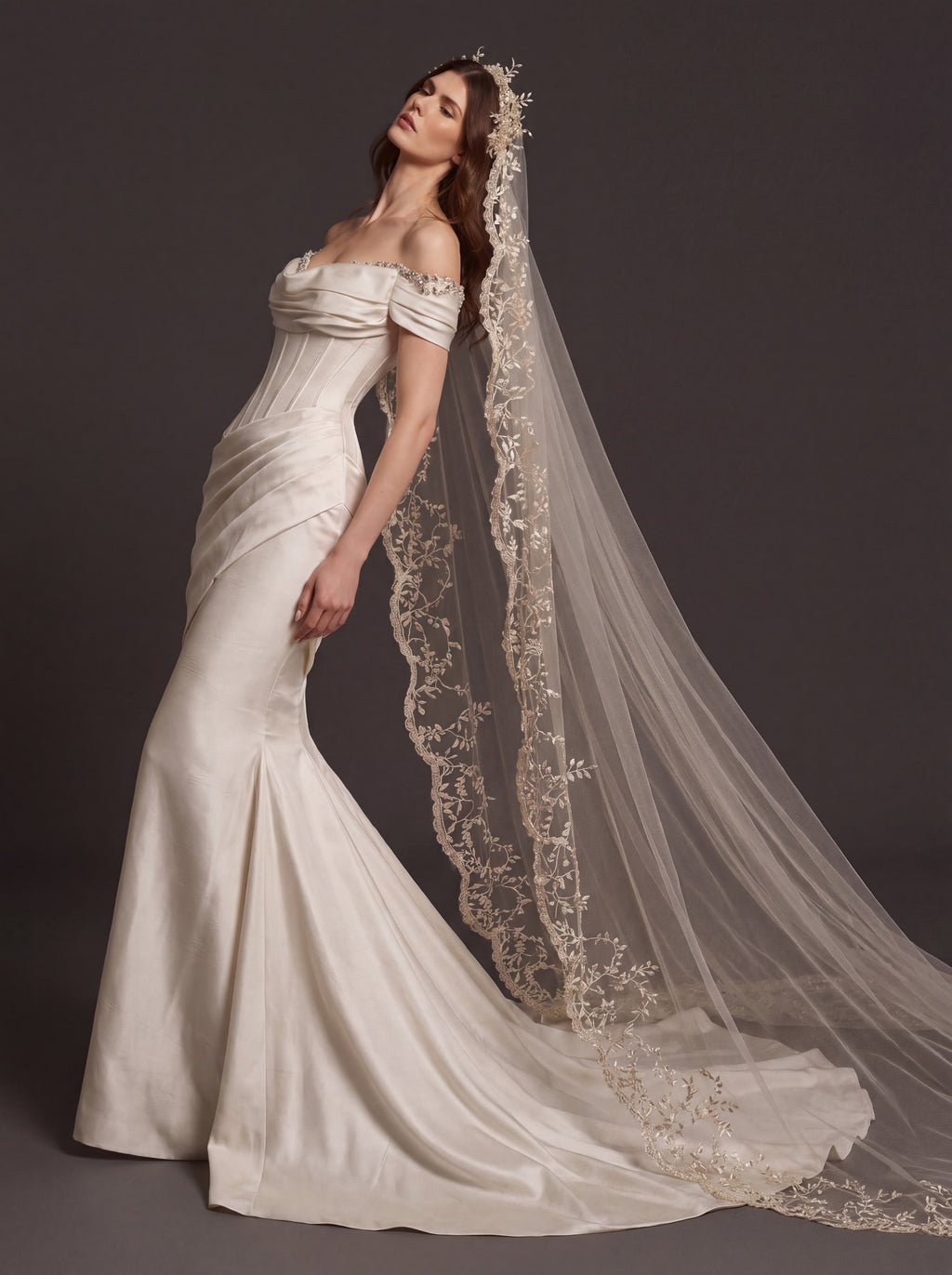 Champagne Satin Draped Corset Mermaid Wedding Dress – Off-Shoulder Bridal Gown with Lace-Up Back and Floral Cathedral Veil