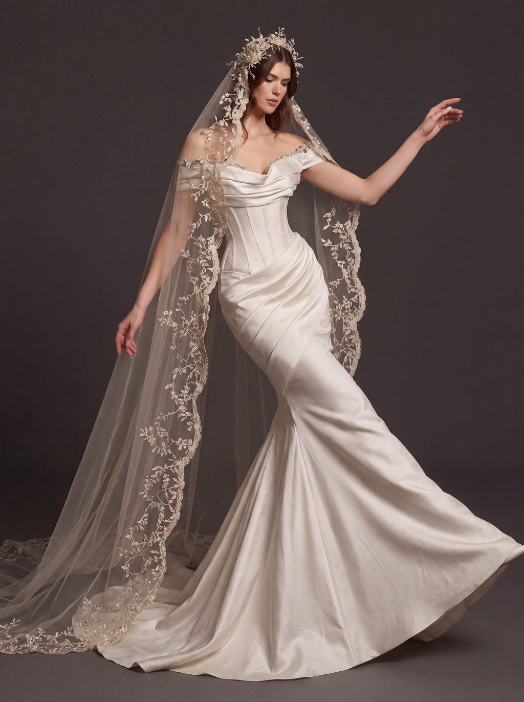 Champagne Satin Draped Corset Mermaid Wedding Dress – Off-Shoulder Bridal Gown with Lace-Up Back and Floral Cathedral Veil