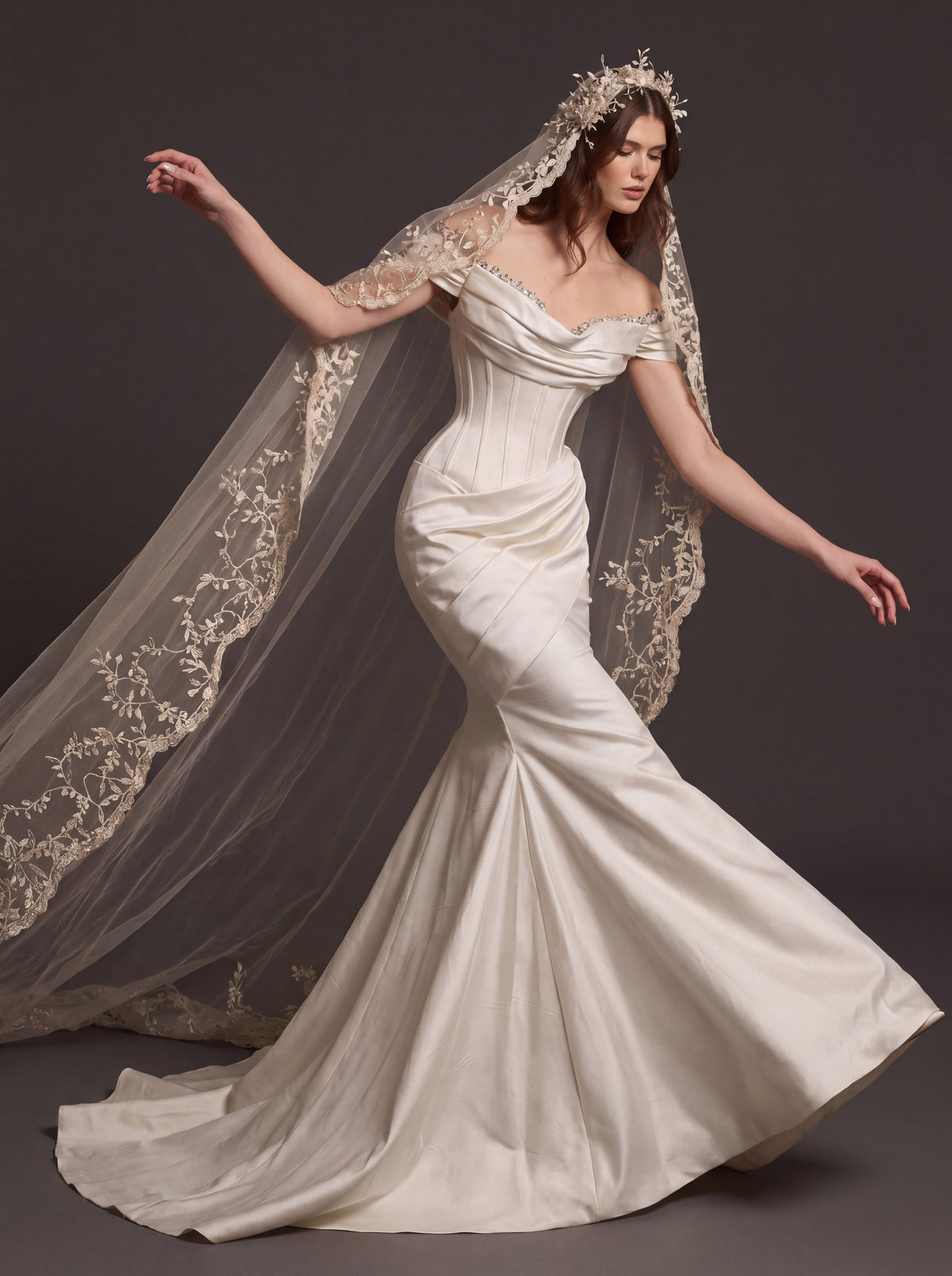 Champagne Satin Draped Corset Mermaid Wedding Dress – Off-Shoulder Bridal Gown with Lace-Up Back and Floral Cathedral Veil