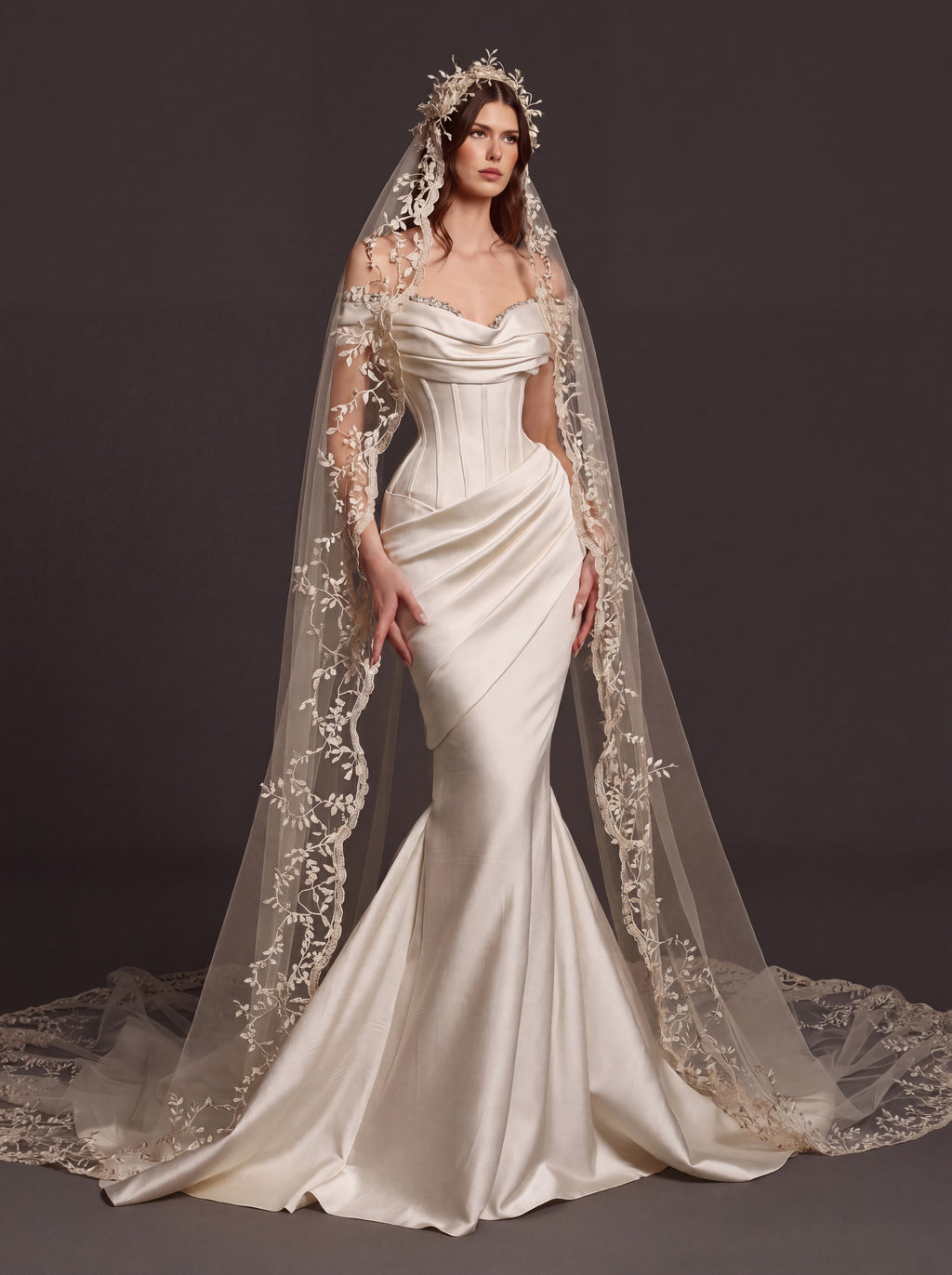 Champagne Satin Draped Corset Mermaid Wedding Dress – Off-Shoulder Bridal Gown with Lace-Up Back and Floral Cathedral Veil