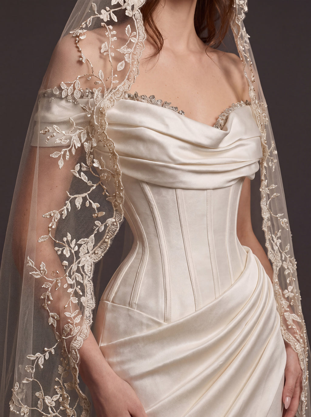 Champagne Satin Draped Corset Mermaid Wedding Dress – Off-Shoulder Bridal Gown with Lace-Up Back and Floral Cathedral Veil