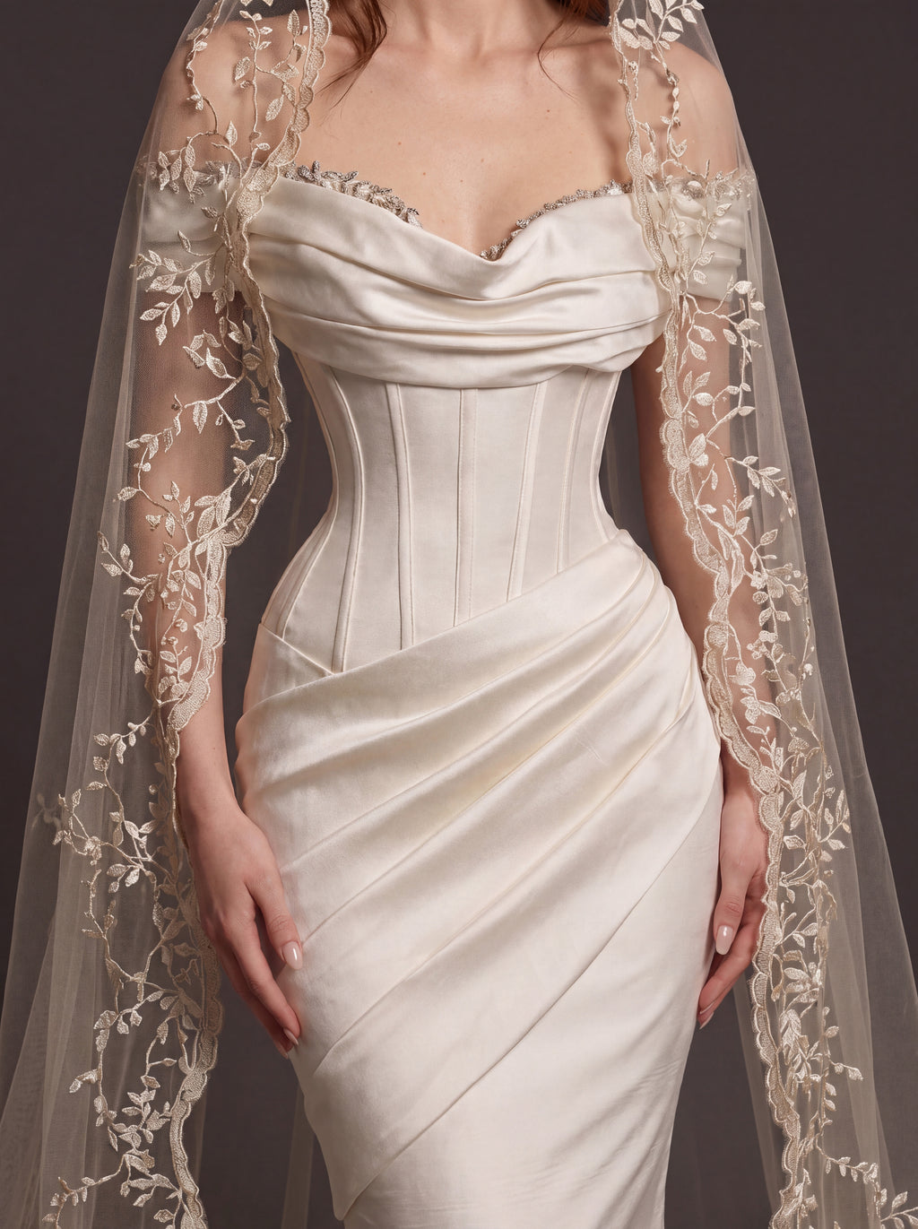 Champagne Satin Draped Corset Mermaid Wedding Dress – Off-Shoulder Bridal Gown with Lace-Up Back and Floral Cathedral Veil