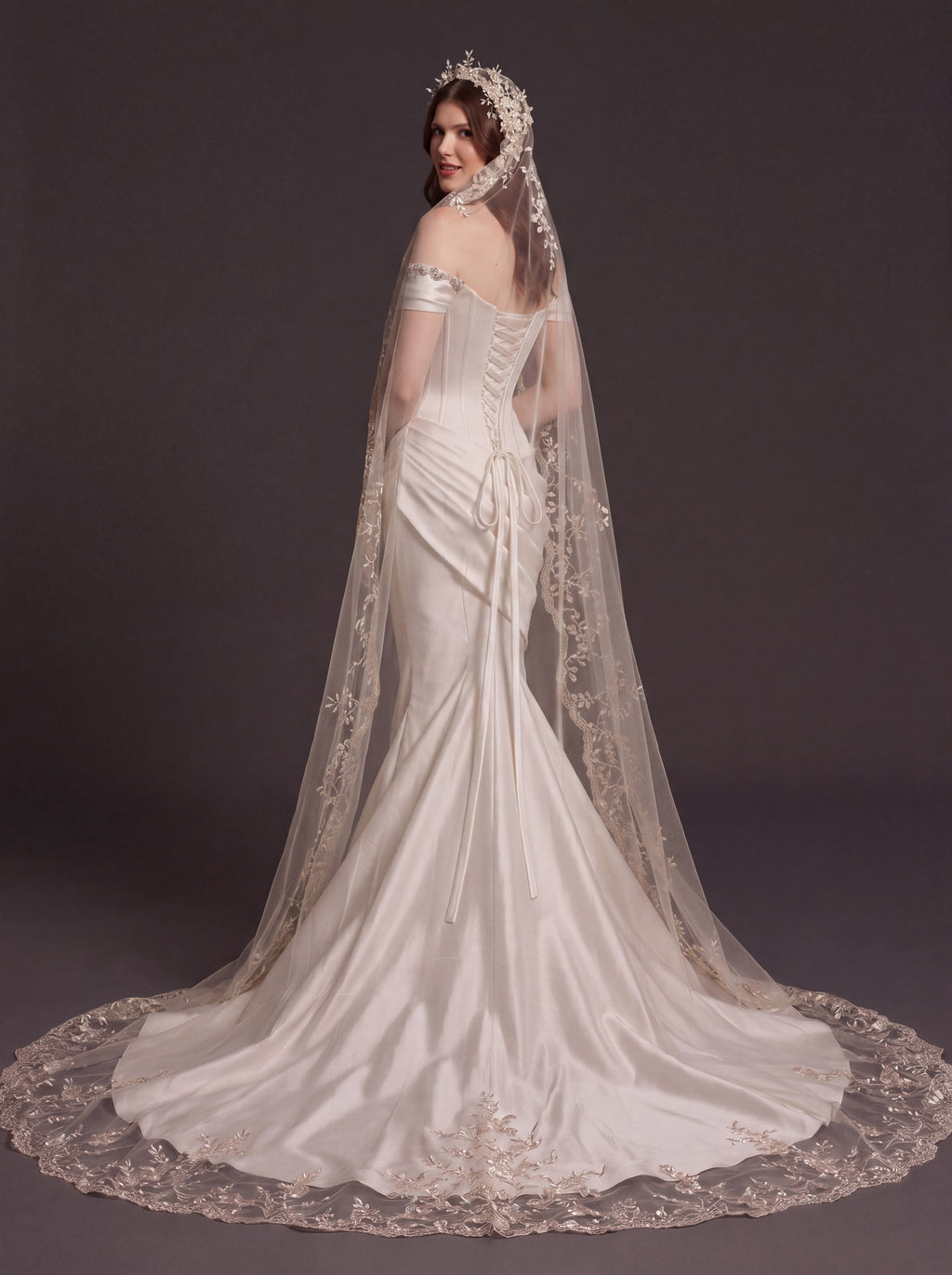 Champagne Satin Draped Corset Mermaid Wedding Dress – Off-Shoulder Bridal Gown with Lace-Up Back and Floral Cathedral Veil