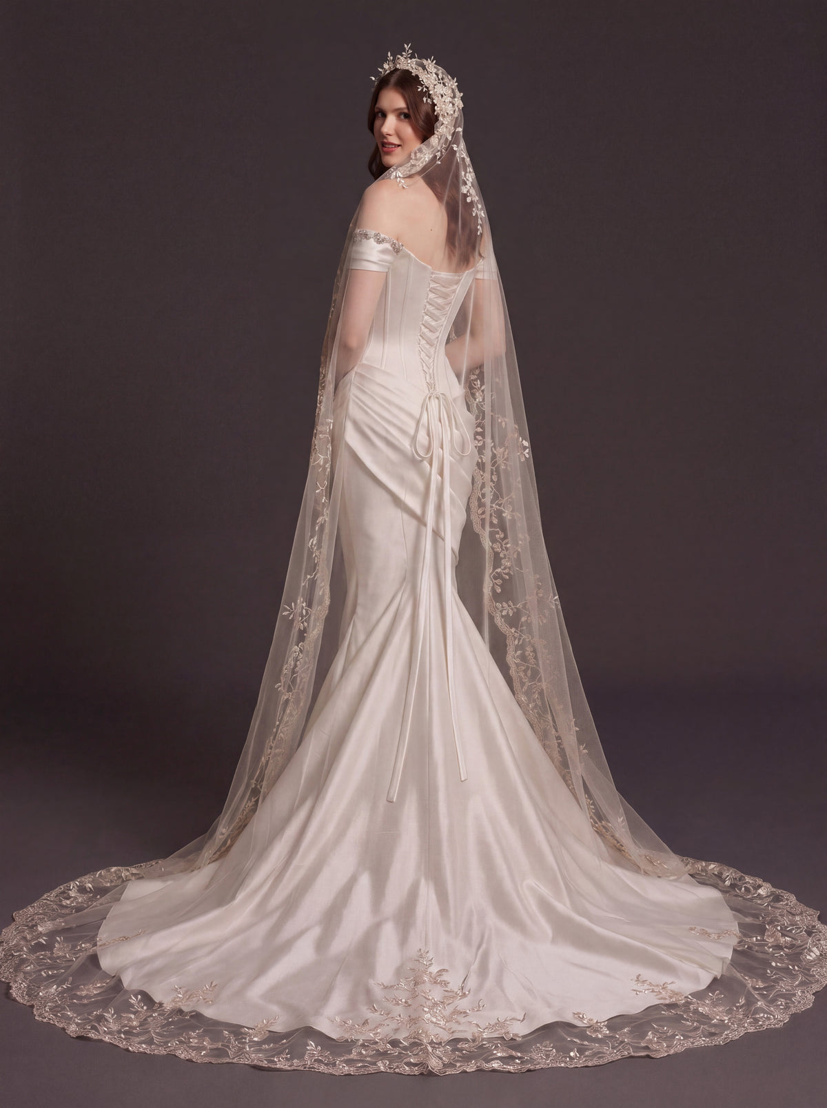 Champagne Satin Draped Corset Mermaid Wedding Dress – Off-Shoulder Bridal Gown with Lace-Up Back and Floral Cathedral Veil