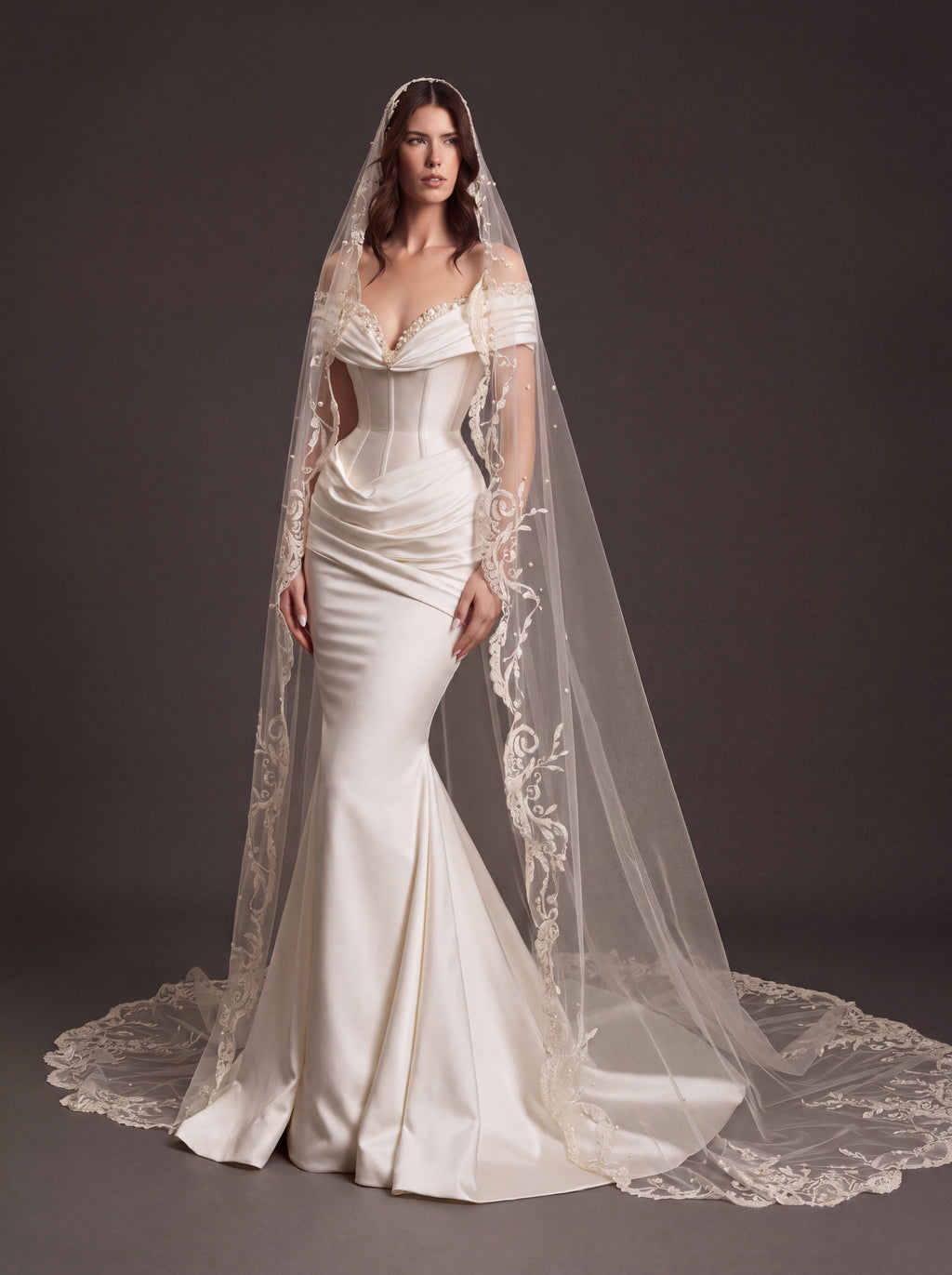 Pearl White Satin Corset Wedding Dress – Off-Shoulder Draped Mermaid Bridal Gown with Crystal Neckline and Embroidered Cathedral Veil