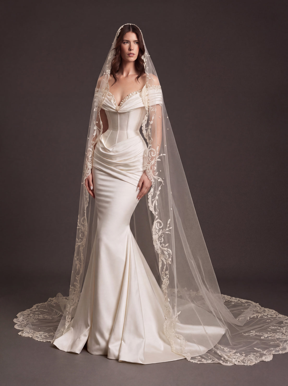 Pearl White Satin Corset Wedding Dress – Off-Shoulder Draped Mermaid Bridal Gown with Crystal Neckline and Embroidered Cathedral Veil