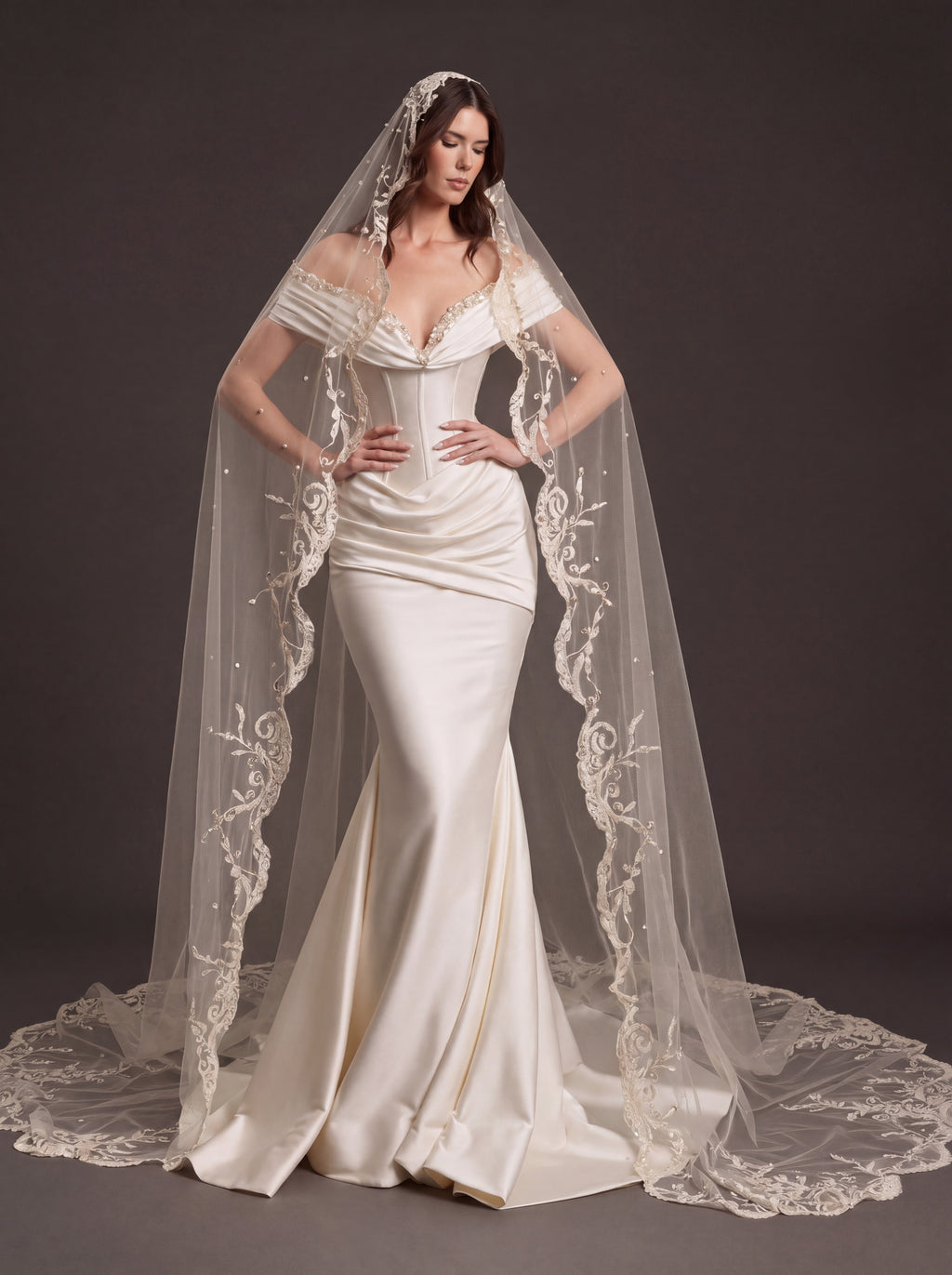 Pearl White Satin Corset Wedding Dress – Off-Shoulder Draped Mermaid Bridal Gown with Crystal Neckline and Embroidered Cathedral Veil