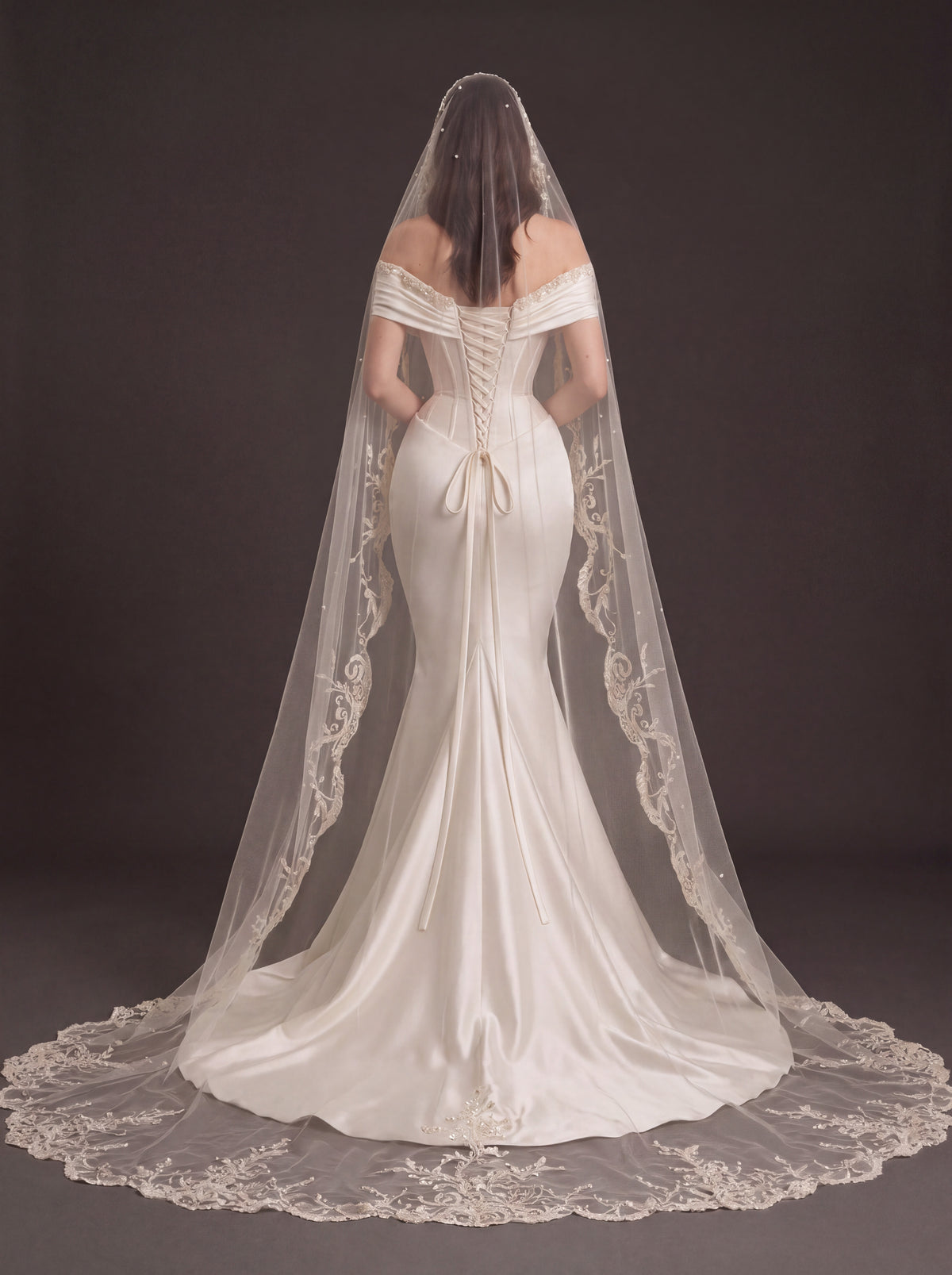 Pearl White Satin Corset Wedding Dress – Off-Shoulder Draped Mermaid Bridal Gown with Crystal Neckline and Embroidered Cathedral Veil