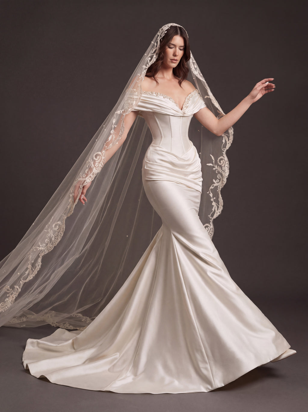 Pearl White Satin Corset Wedding Dress – Off-Shoulder Draped Mermaid Bridal Gown with Crystal Neckline and Embroidered Cathedral Veil