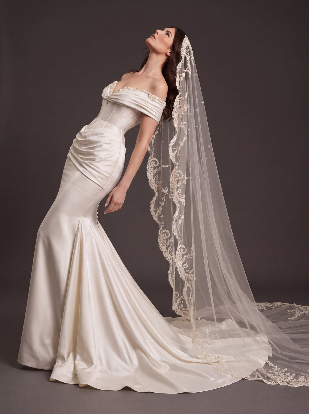 Pearl White Satin Corset Wedding Dress – Off-Shoulder Draped Mermaid Bridal Gown with Crystal Neckline and Embroidered Cathedral Veil