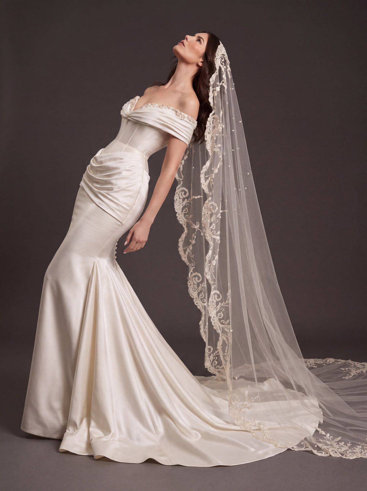 Pearl White Satin Corset Wedding Dress – Off-Shoulder Draped Mermaid Bridal Gown with Crystal Neckline and Embroidered Cathedral Veil