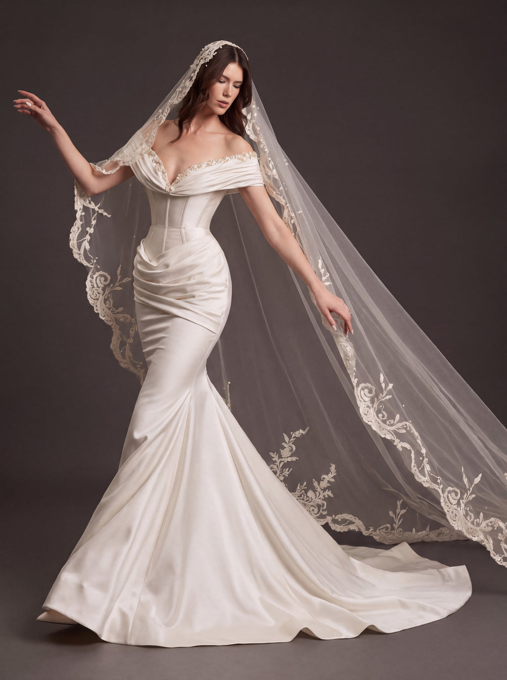 Pearl White Satin Corset Wedding Dress – Off-Shoulder Draped Mermaid Bridal Gown with Crystal Neckline and Embroidered Cathedral Veil