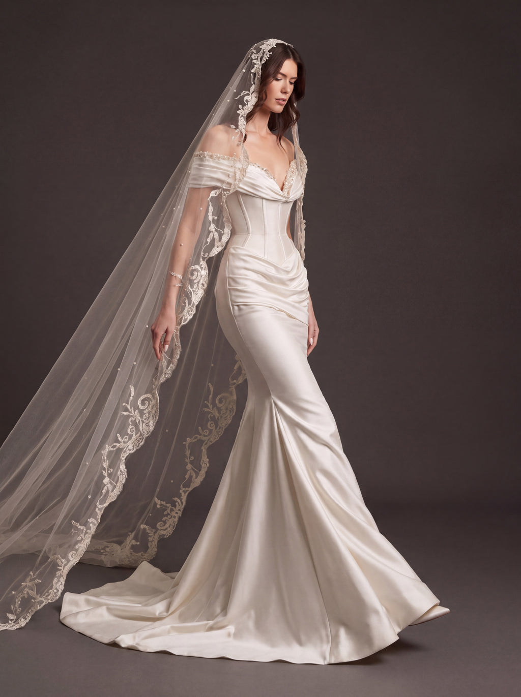 Pearl White Satin Corset Wedding Dress – Off-Shoulder Draped Mermaid Bridal Gown with Crystal Neckline and Embroidered Cathedral Veil
