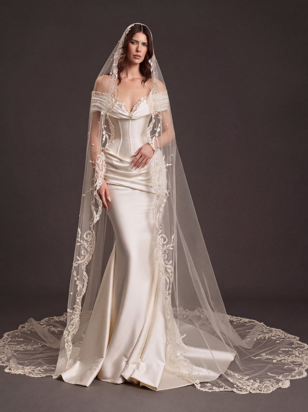 Pearl White Satin Corset Wedding Dress – Off-Shoulder Draped Mermaid Bridal Gown with Crystal Neckline and Embroidered Cathedral Veil