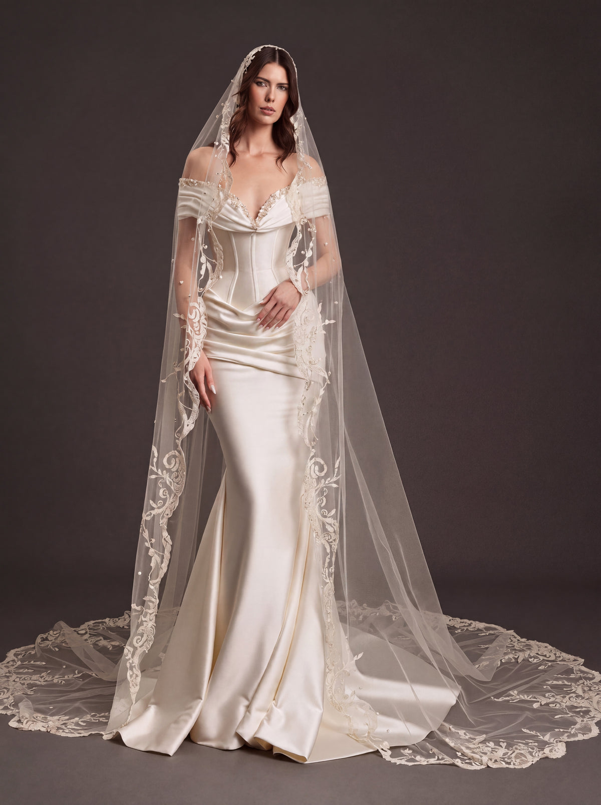 Pearl White Satin Corset Wedding Dress – Off-Shoulder Draped Mermaid Bridal Gown with Crystal Neckline and Embroidered Cathedral Veil